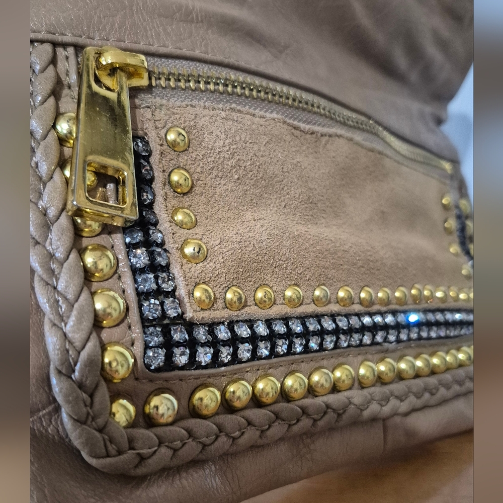 Cache Tan Leather Gold Beaded Rhinestone Wristlet - Picture 10 of 14